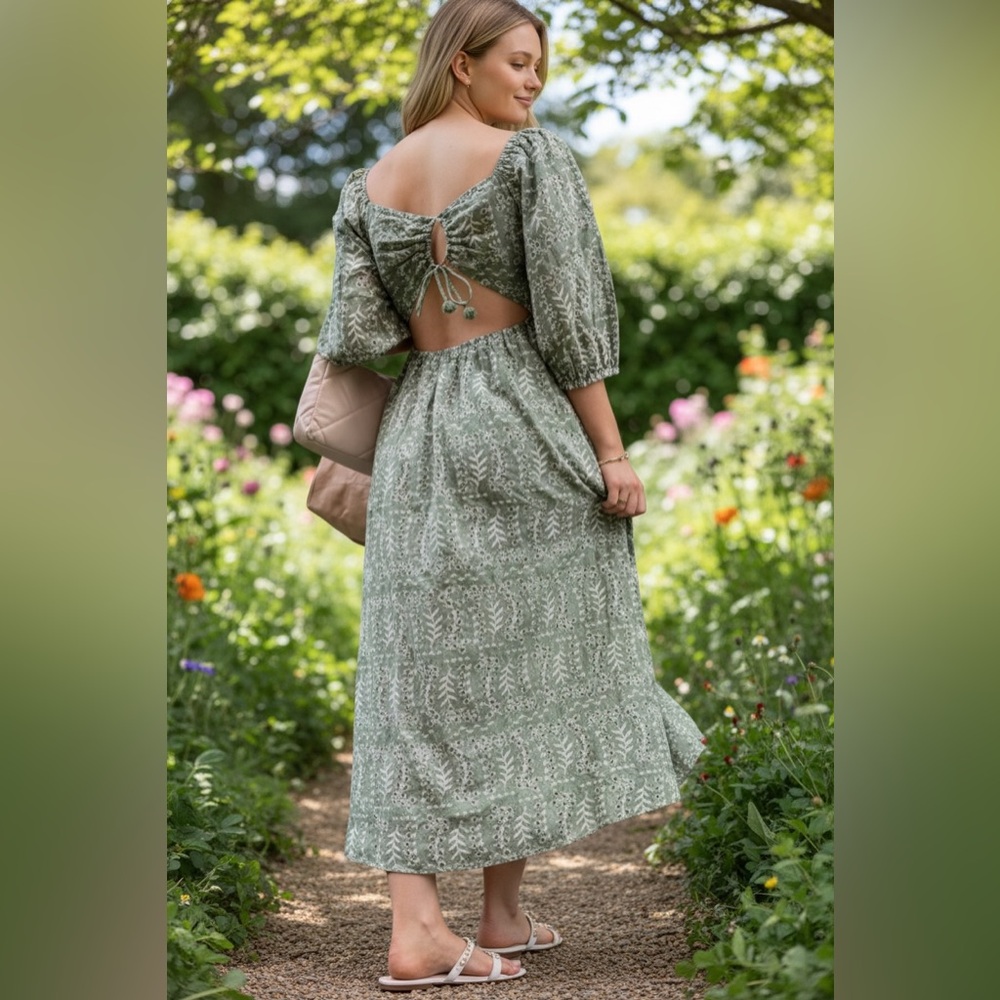 Joie Embroidered Tie Back Midi Dress Green Eyelet Size 4